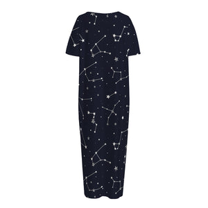 Constellation Stars Pattern Print Short Sleeve Long Nightdress