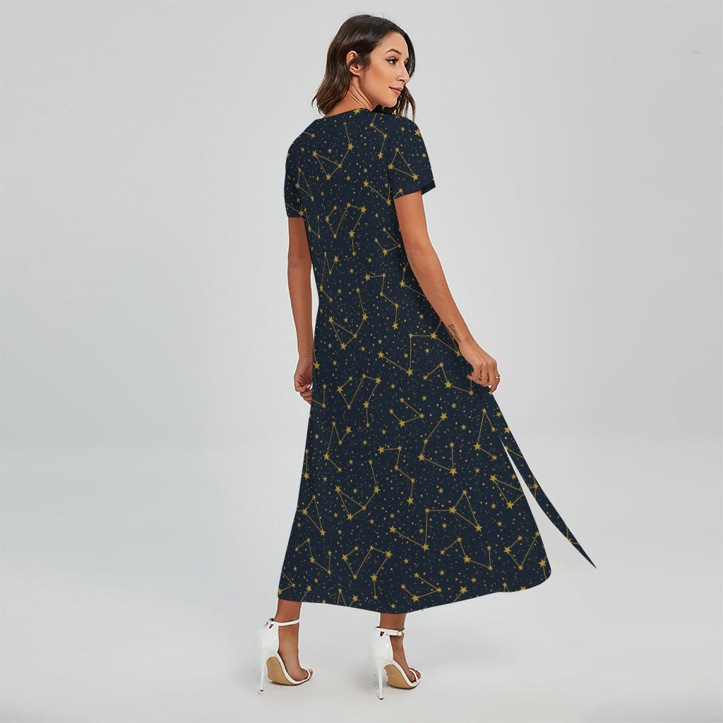 Constellation Symbols Pattern Print Short Sleeve Maxi Dress