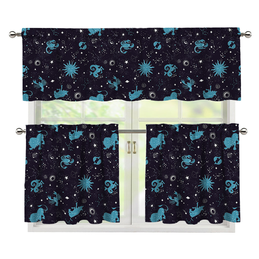 Constellation Zodiac Signs Pattern Print 3 Piece Kitchen Curtains