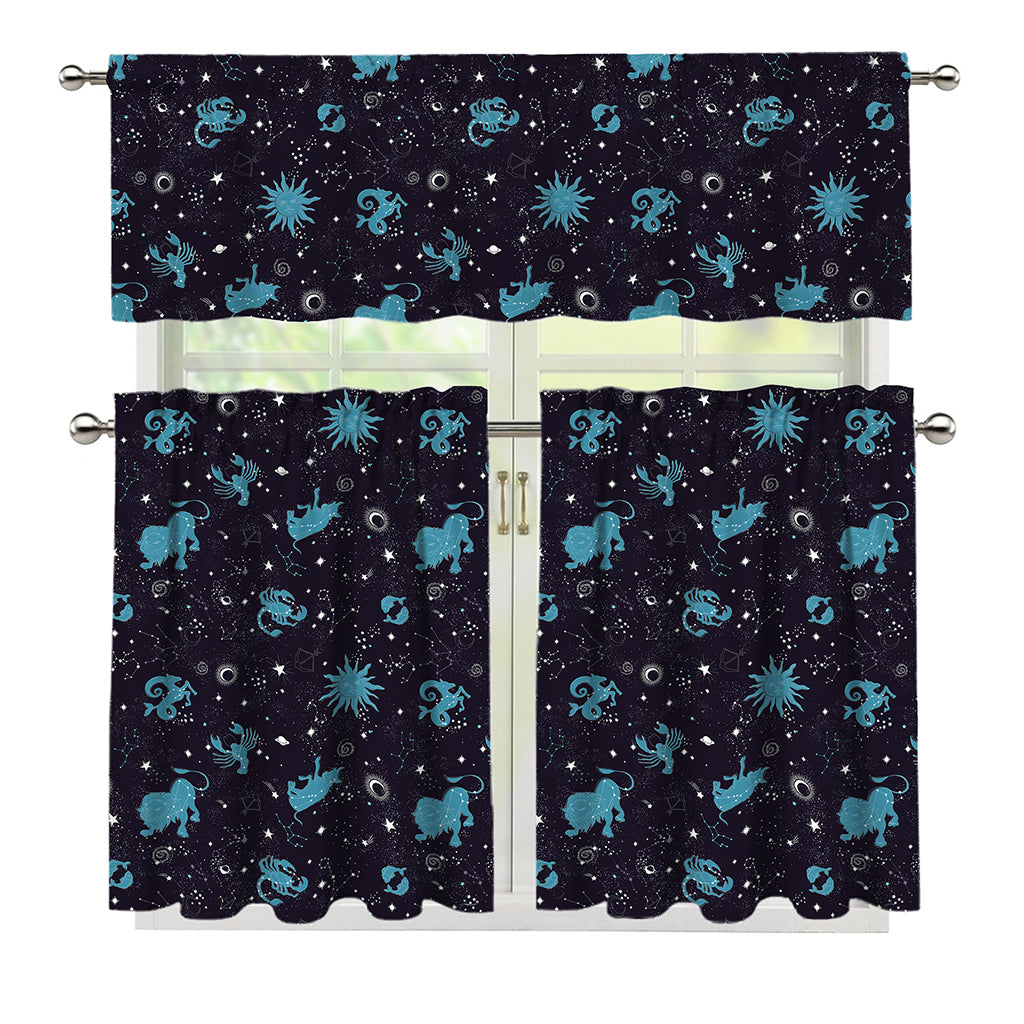 Constellation Zodiac Signs Pattern Print 3 Piece Kitchen Curtains