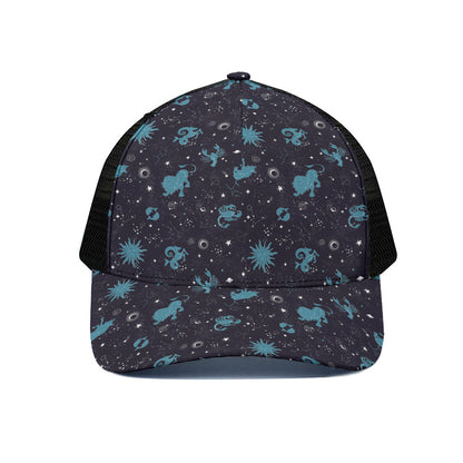 Constellation Zodiac Signs Pattern Print Black Mesh Trucker Cap