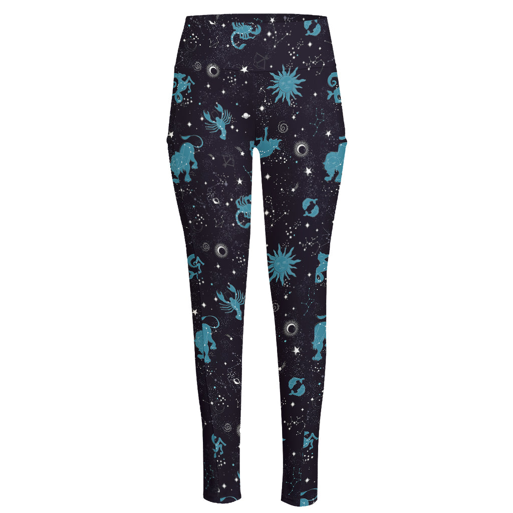 Constellation Zodiac Signs Pattern Print High-Waisted Pocket Leggings