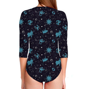 Constellation Zodiac Signs Pattern Print Long Sleeve Swimsuit