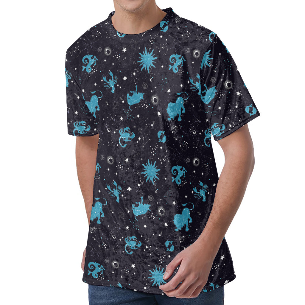 Constellation Zodiac Signs Pattern Print Men's Velvet T-Shirt