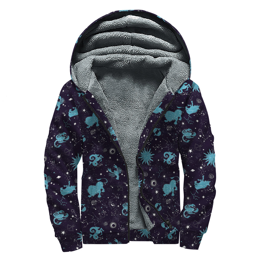Constellation Zodiac Signs Pattern Print Sherpa Lined Zip Up Hoodie