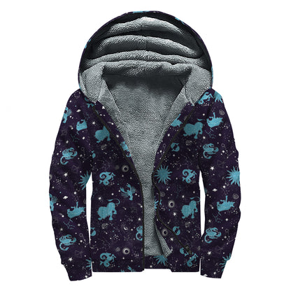 Constellation Zodiac Signs Pattern Print Sherpa Lined Zip Up Hoodie