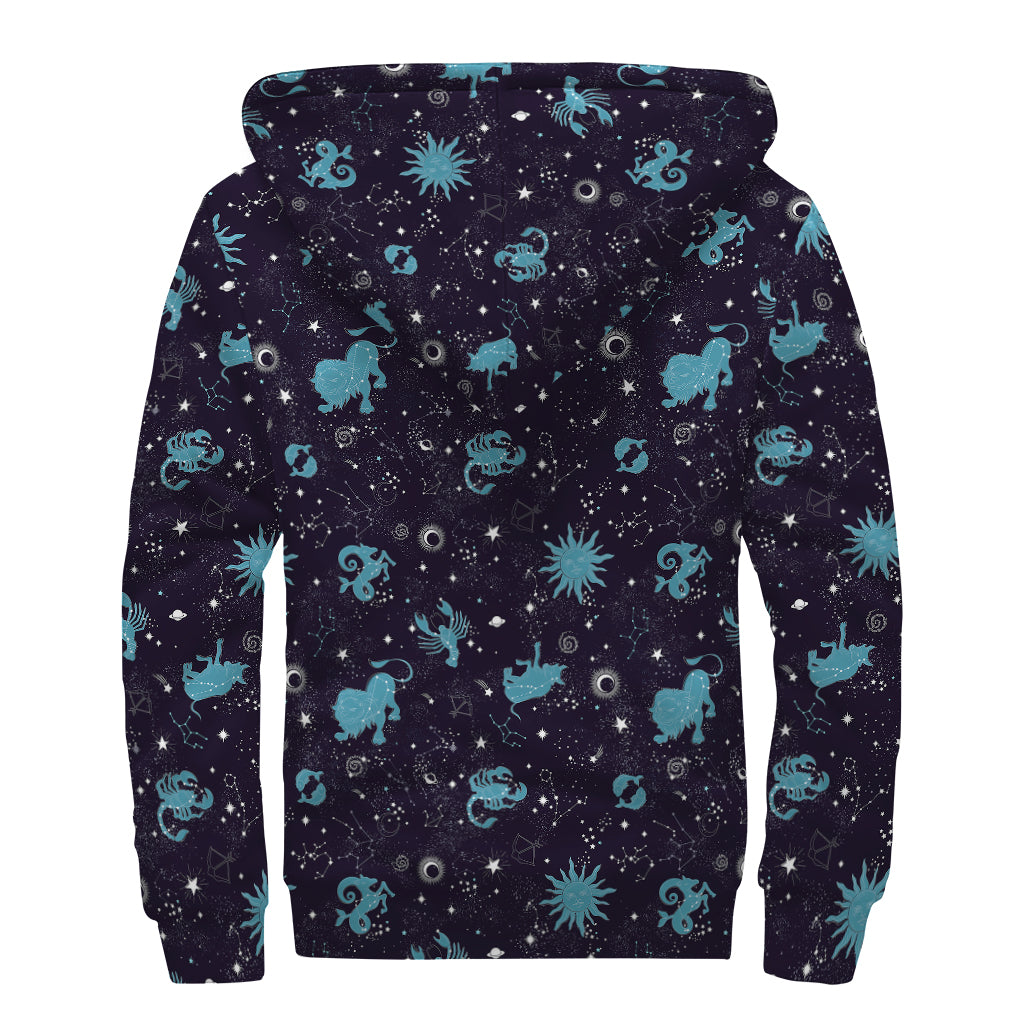 Constellation Zodiac Signs Pattern Print Sherpa Lined Zip Up Hoodie