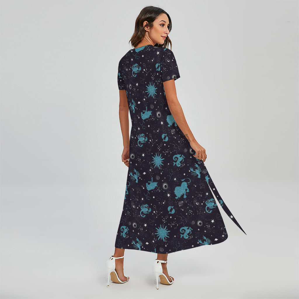 Constellation Zodiac Signs Pattern Print Short Sleeve Maxi Dress