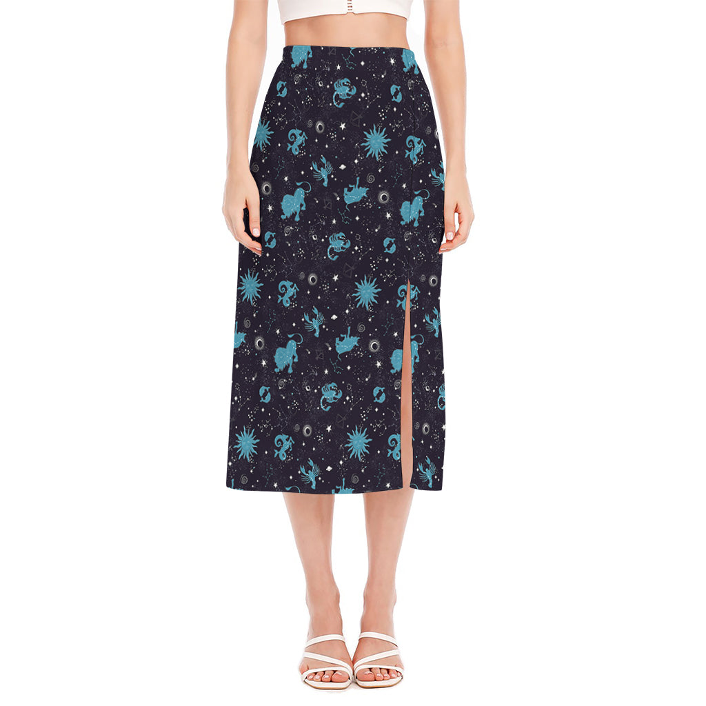 Constellation Zodiac Signs Pattern Print Side Slit Midi Skirt