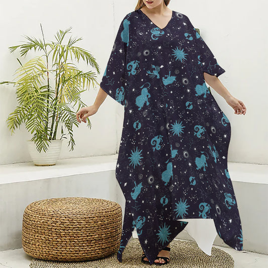 Constellation Zodiac Signs Pattern Print Silk V-Neck Kaftan Dress