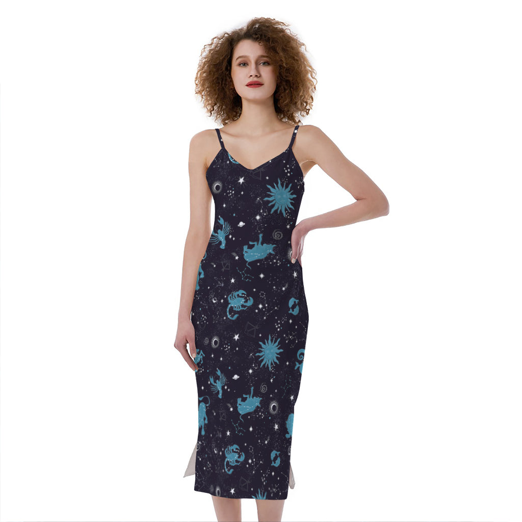 Constellation Zodiac Signs Pattern Print Slim Fit Midi Cami Dress