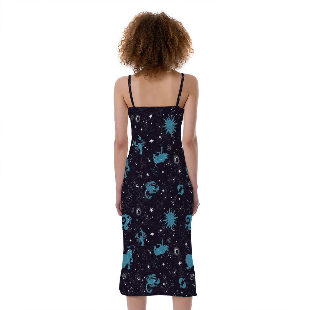 Constellation Zodiac Signs Pattern Print Slim Fit Midi Cami Dress