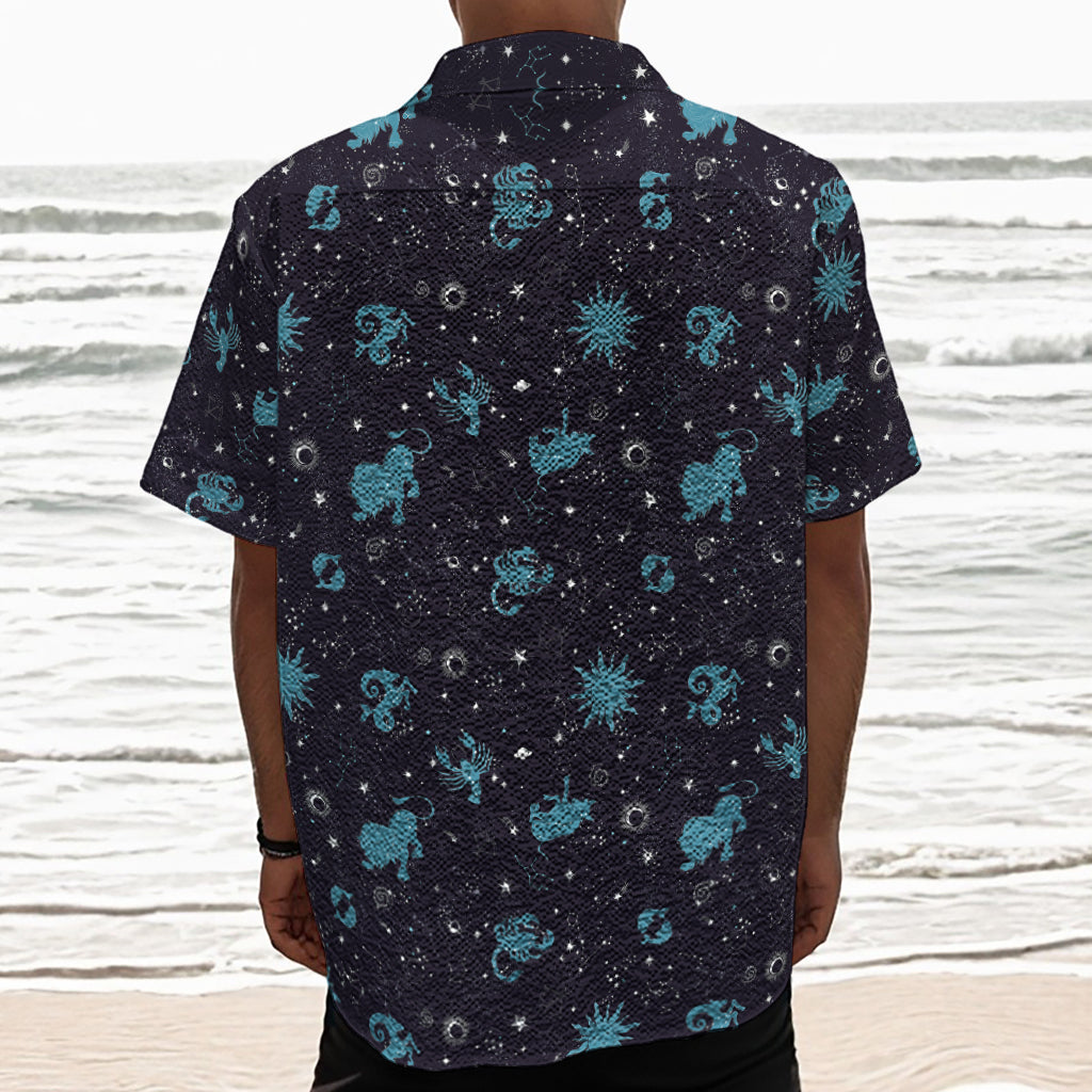 Constellation Zodiac Signs Pattern Print Textured Short Sleeve Shirt