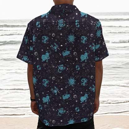 Constellation Zodiac Signs Pattern Print Textured Short Sleeve Shirt