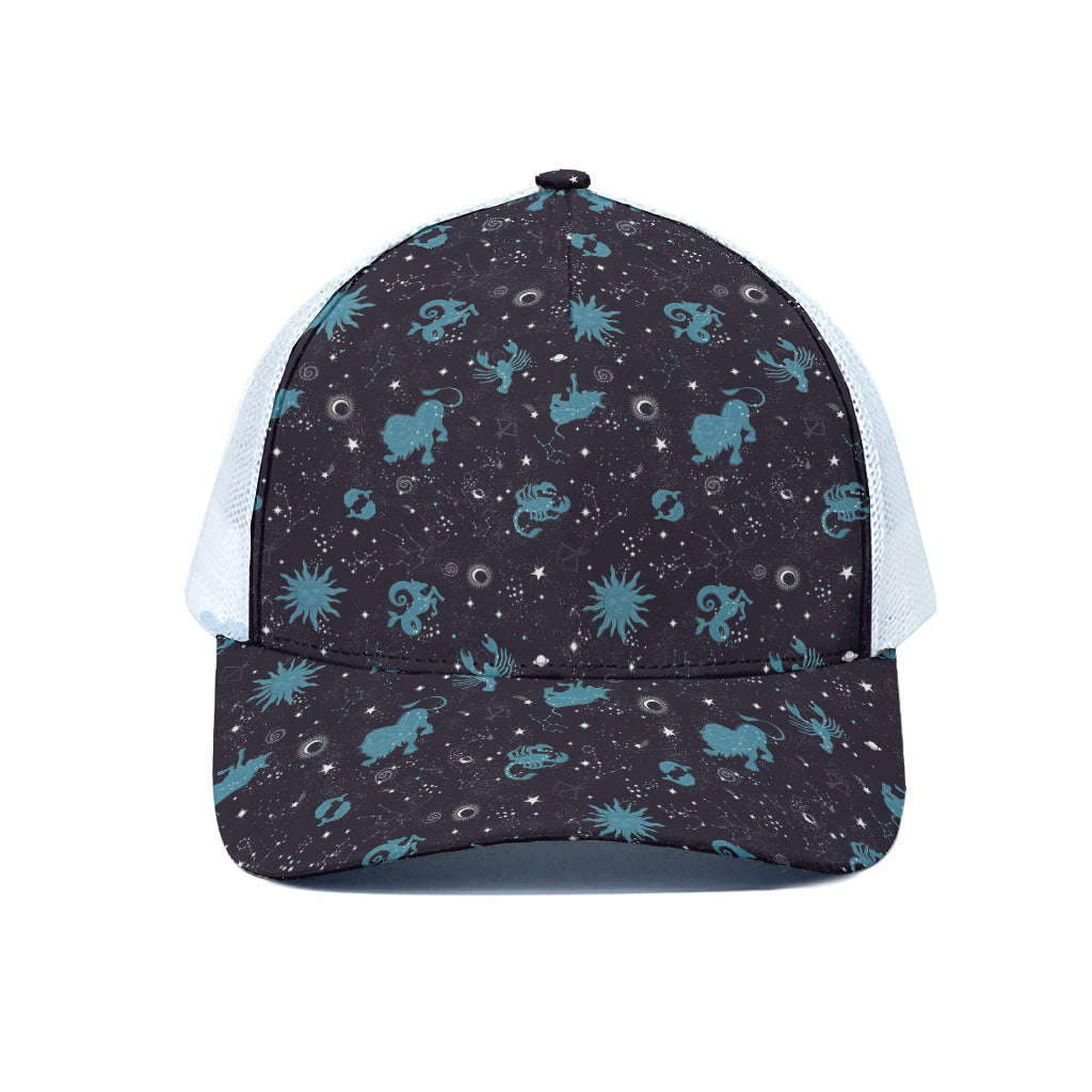 Constellation Zodiac Signs Pattern Print White Mesh Trucker Cap