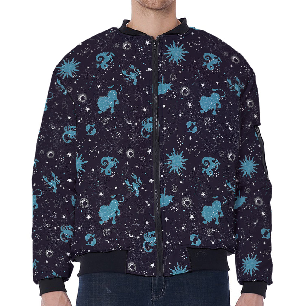 Constellation Zodiac Signs Pattern Print Zip Sleeve Bomber Jacket