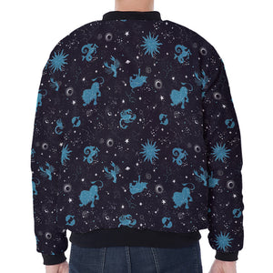 Constellation Zodiac Signs Pattern Print Zip Sleeve Bomber Jacket