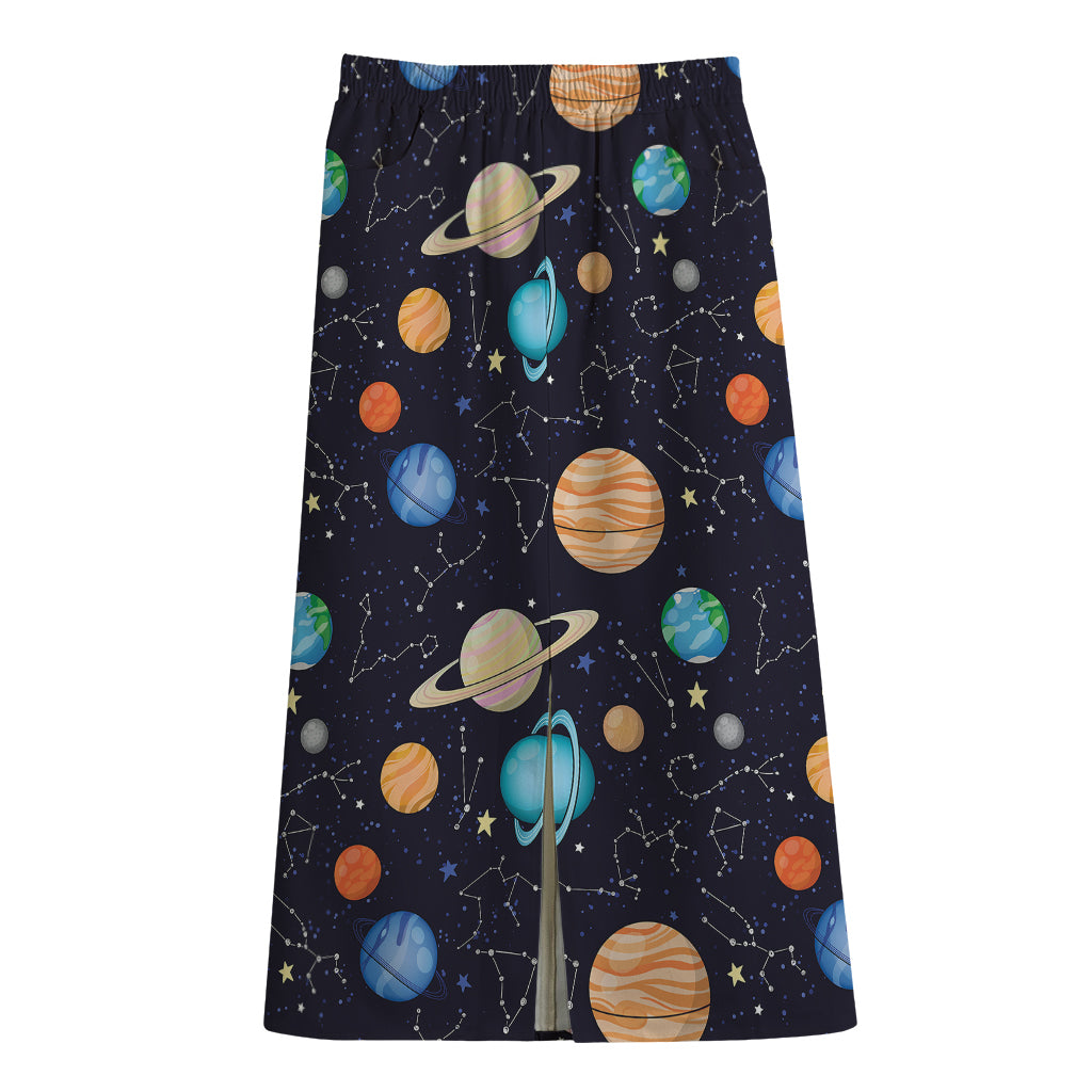 Constellations And Planets Pattern Print Cotton Front Slit Maxi Skirt