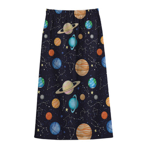 Constellations And Planets Pattern Print Cotton Front Slit Maxi Skirt