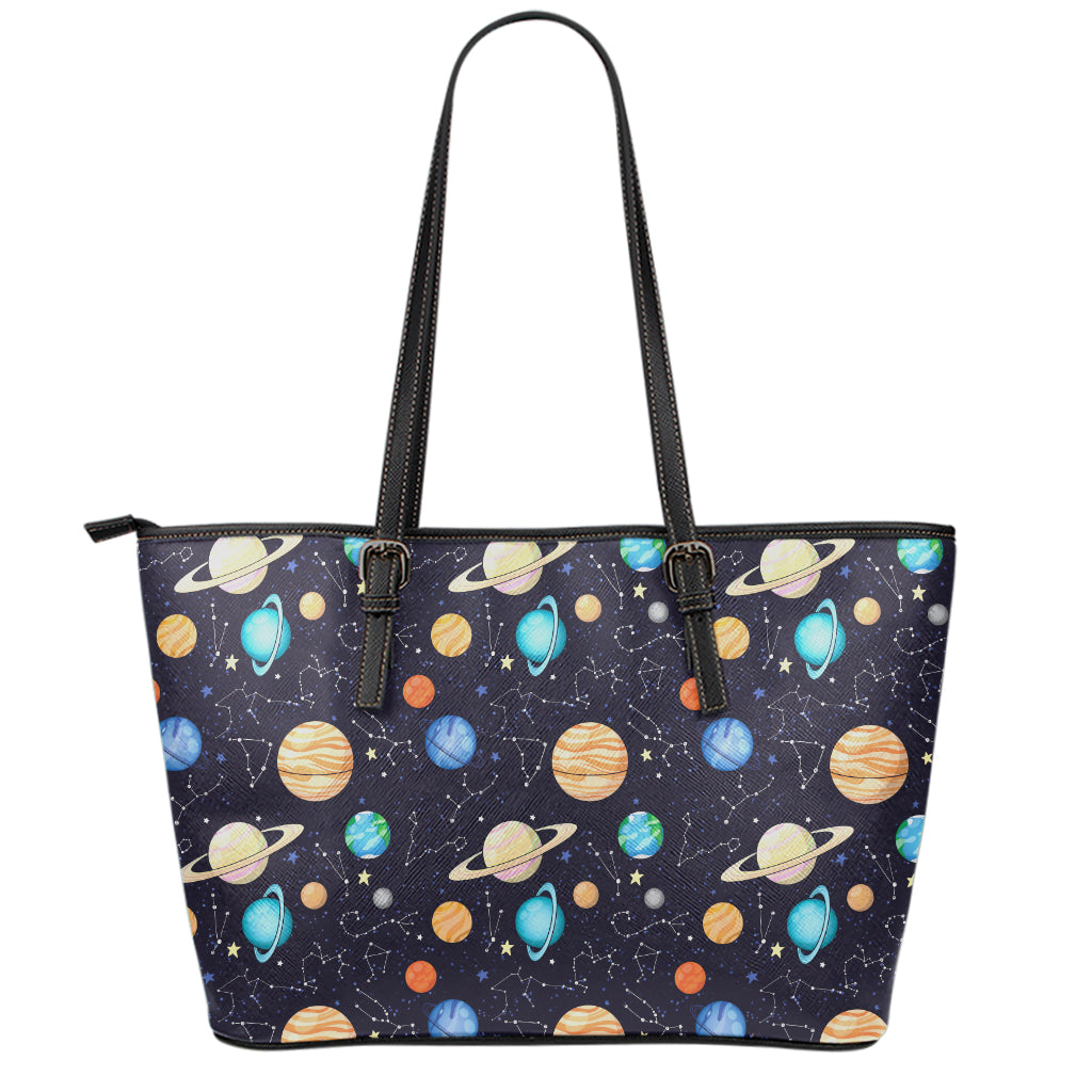Constellations And Planets Pattern Print Leather Tote Bag