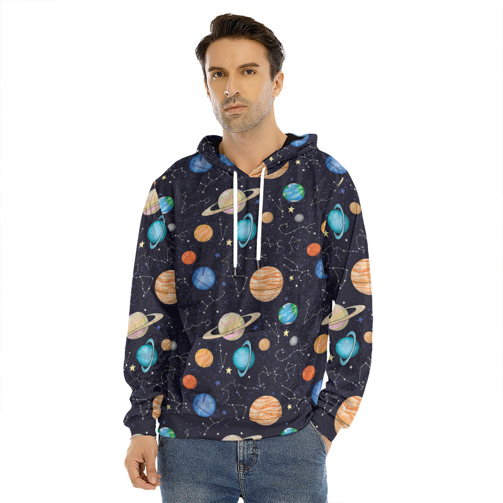 Constellations And Planets Pattern Print Men's Velvet Pullover Hoodie