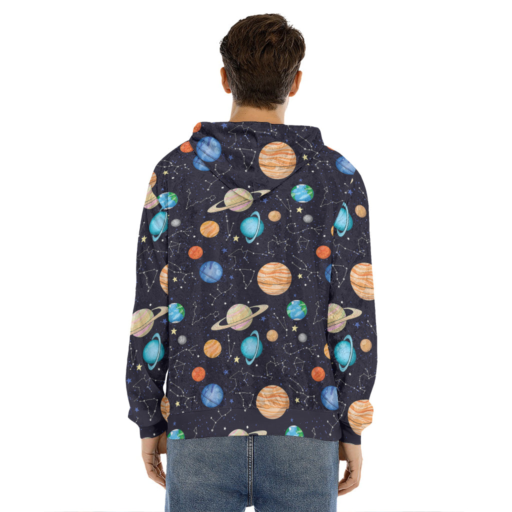Constellations And Planets Pattern Print Men's Velvet Pullover Hoodie
