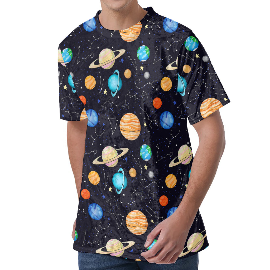 Constellations And Planets Pattern Print Men's Velvet T-Shirt