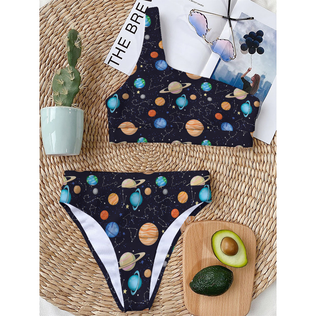 Constellations And Planets Pattern Print One Shoulder Bikini Top