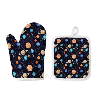 Constellations And Planets Pattern Print Oven Mitt And Pot Holder Set