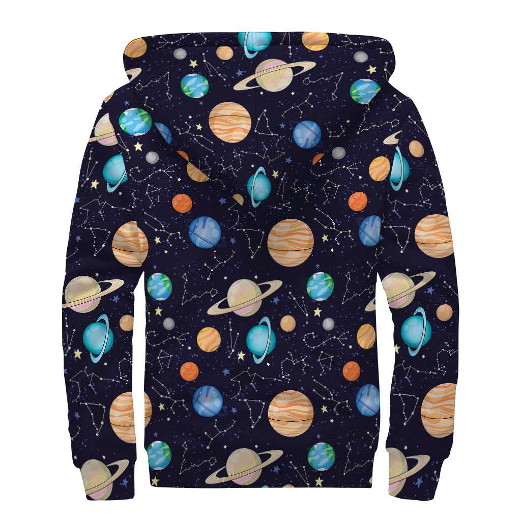 Constellations And Planets Pattern Print Sherpa Lined Zip Up Hoodie