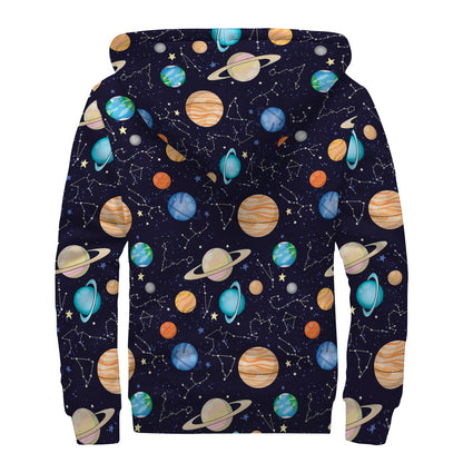 Constellations And Planets Pattern Print Sherpa Lined Zip Up Hoodie