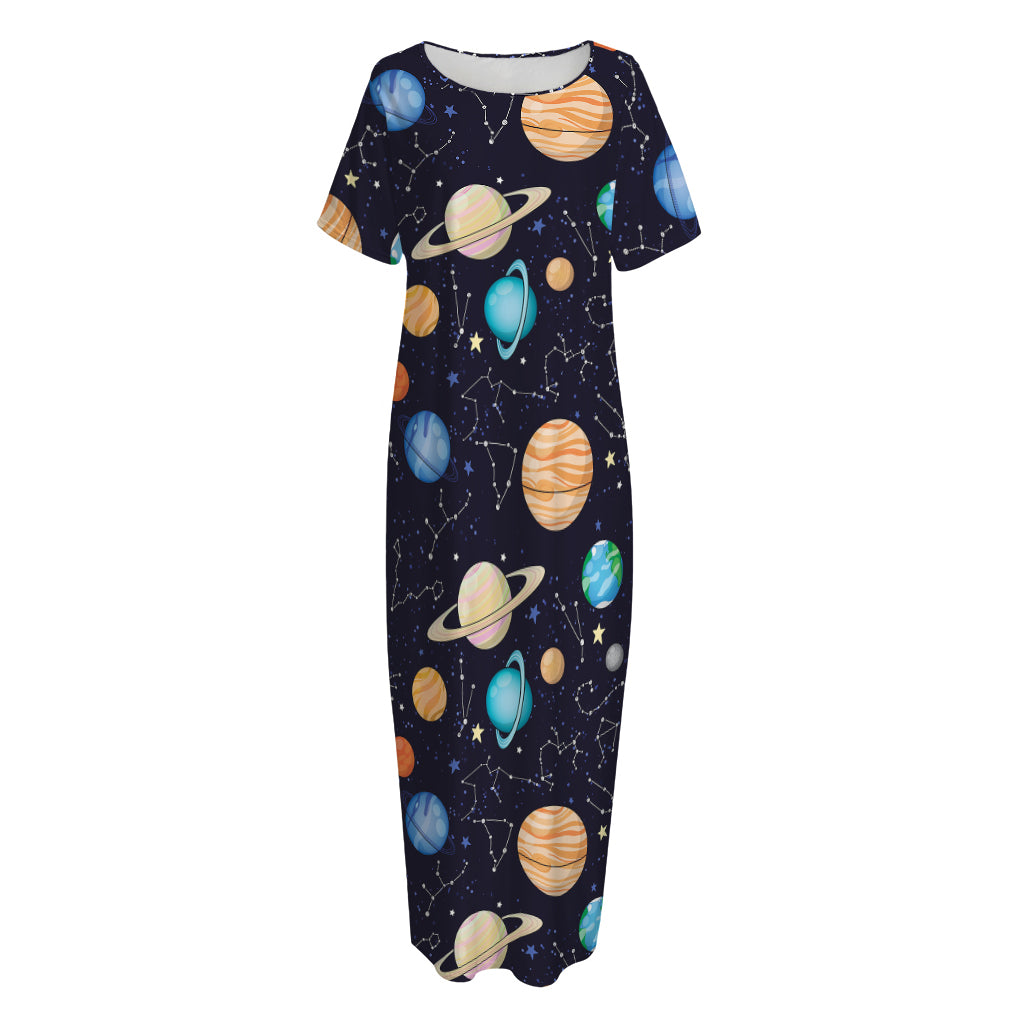 Constellations And Planets Pattern Print Short Sleeve Long Nightdress