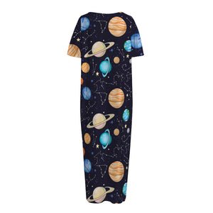 Constellations And Planets Pattern Print Short Sleeve Long Nightdress