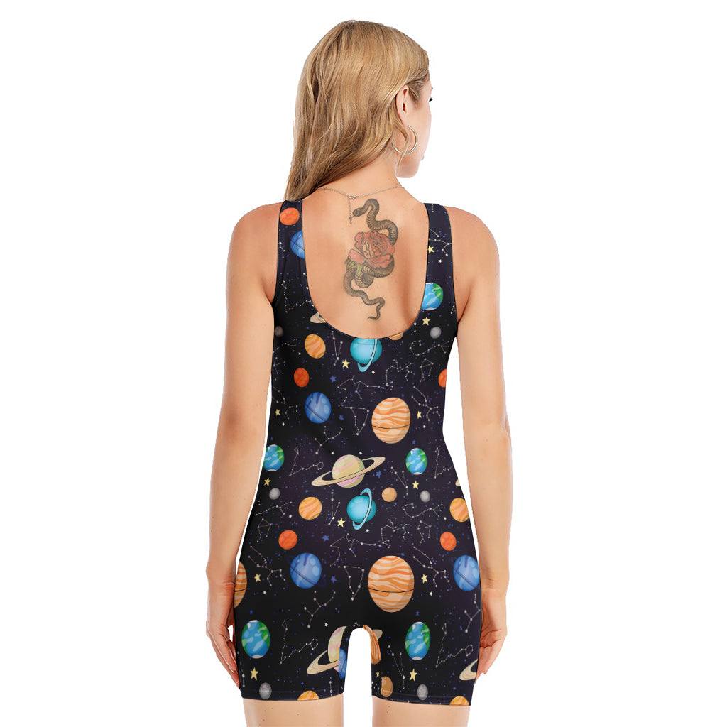 Constellations And Planets Pattern Print Sleeveless One Piece Swimsuit