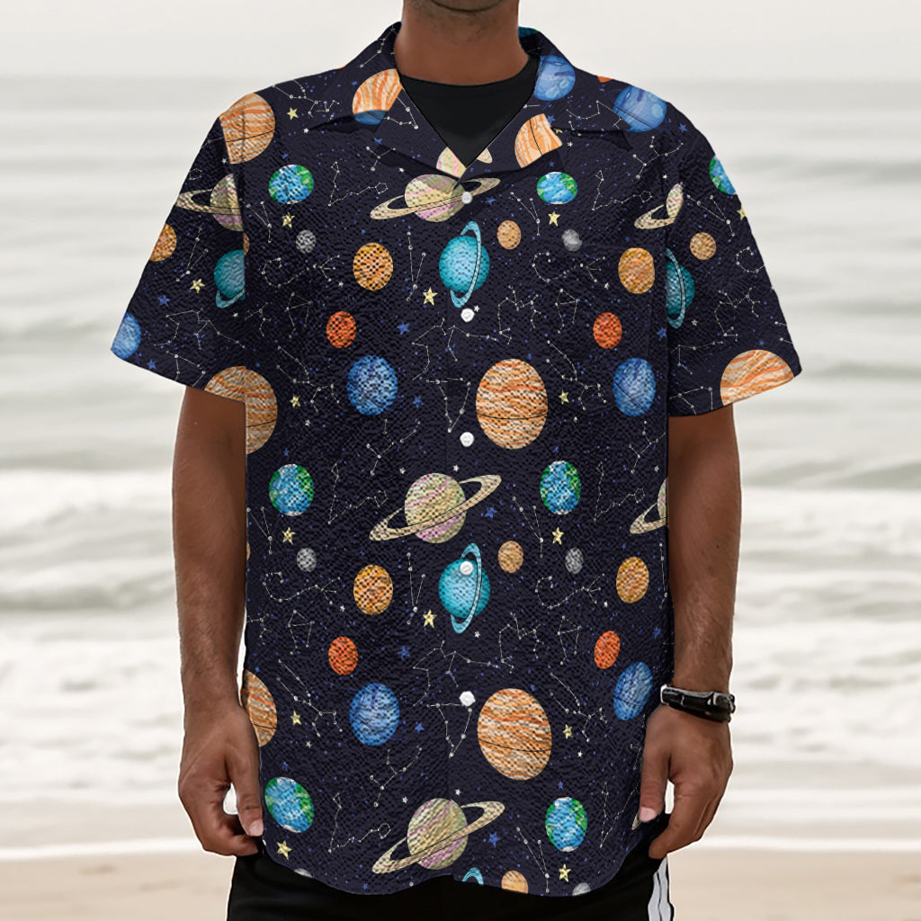 Constellations And Planets Pattern Print Textured Short Sleeve Shirt