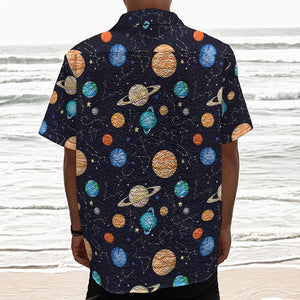 Constellations And Planets Pattern Print Textured Short Sleeve Shirt