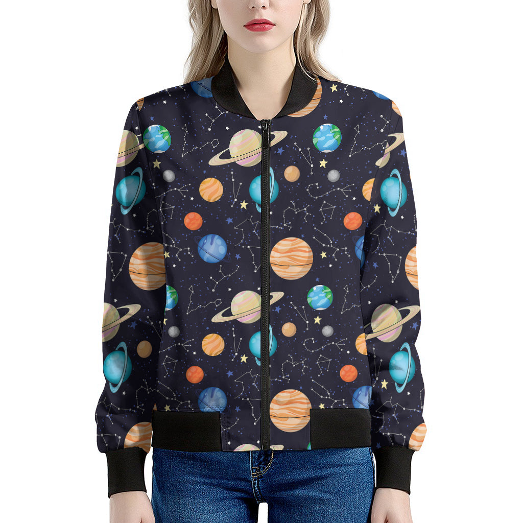 Constellations And Planets Pattern Print Women's Bomber Jacket