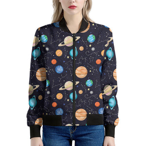 Constellations And Planets Pattern Print Women's Bomber Jacket