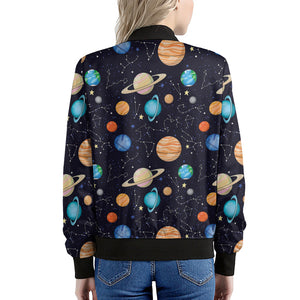 Constellations And Planets Pattern Print Women's Bomber Jacket