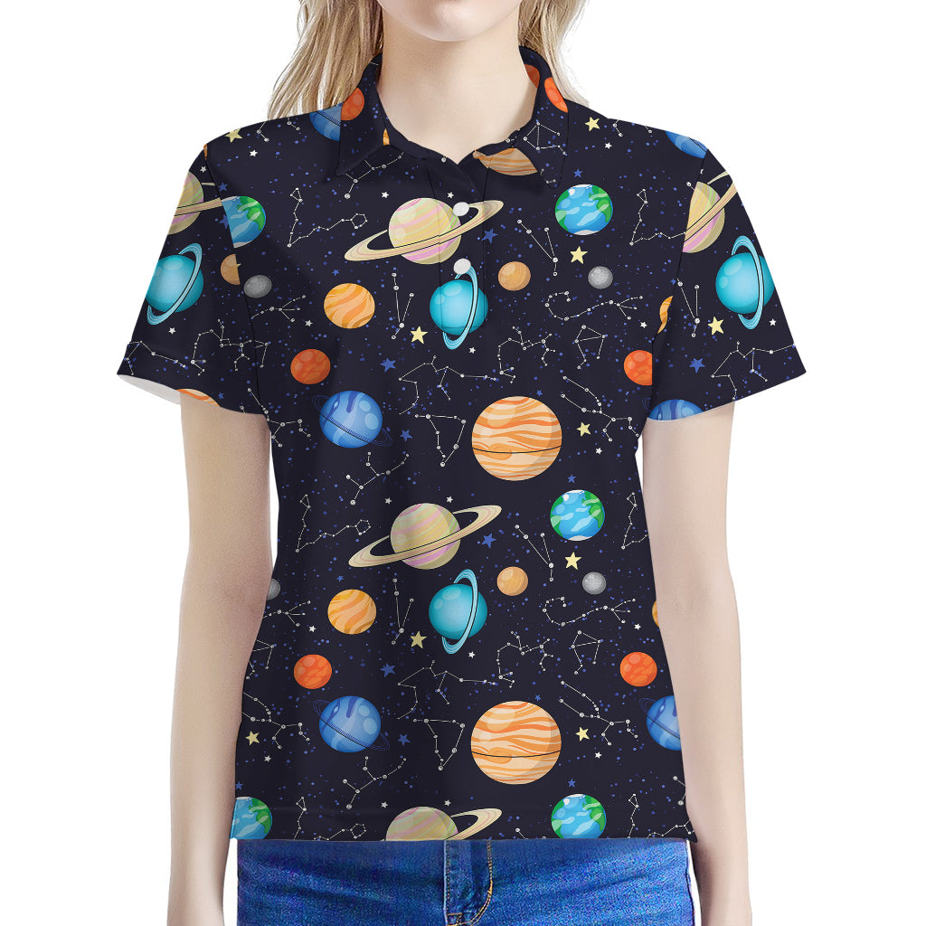 Constellations And Planets Pattern Print Women's Polo Shirt