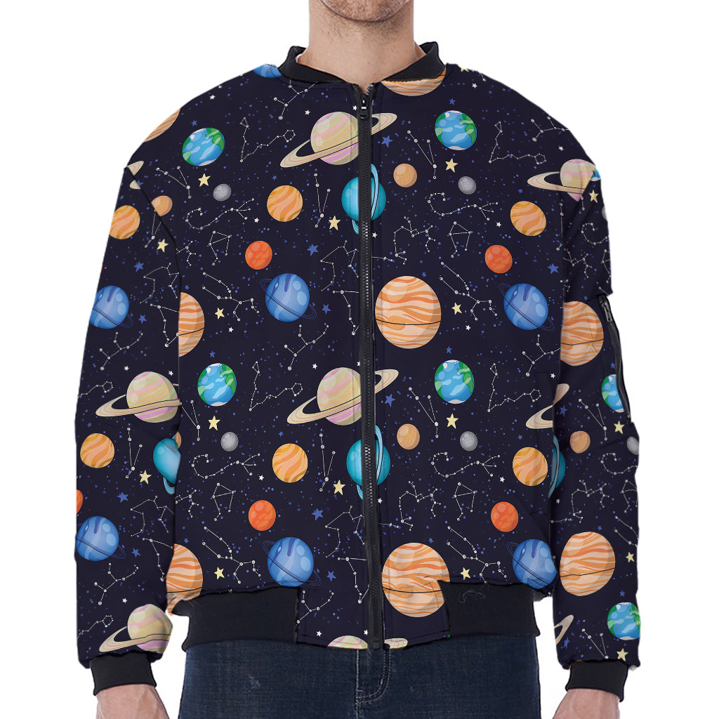 Constellations And Planets Pattern Print Zip Sleeve Bomber Jacket