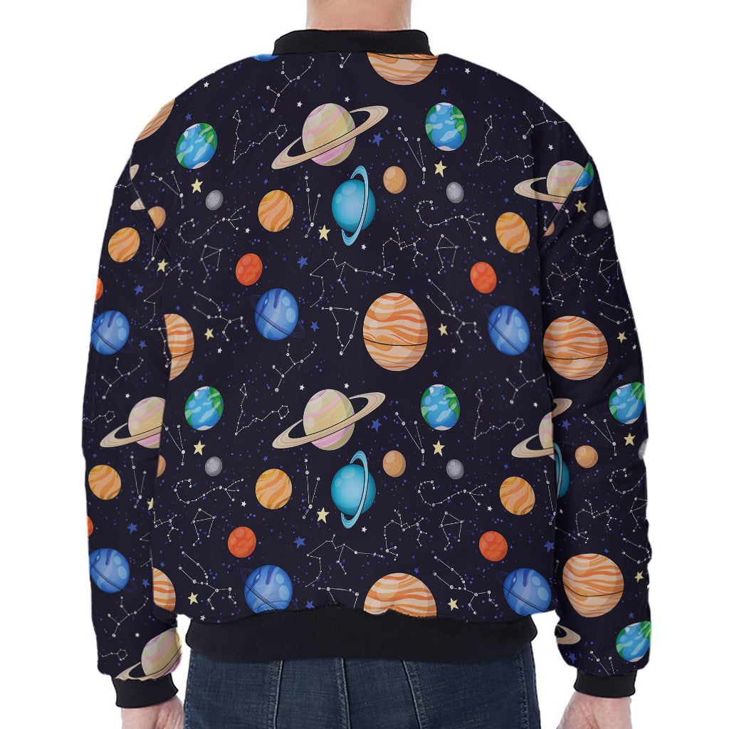 Constellations And Planets Pattern Print Zip Sleeve Bomber Jacket