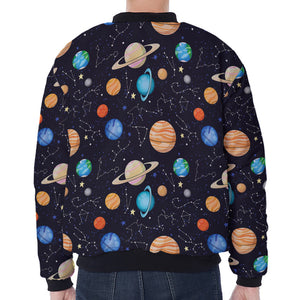 Constellations And Planets Pattern Print Zip Sleeve Bomber Jacket