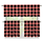 Coral Pink And Black Buffalo Check Print 3 Piece Kitchen Curtains