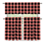 Coral Pink And Black Buffalo Check Print 3 Piece Kitchen Curtains