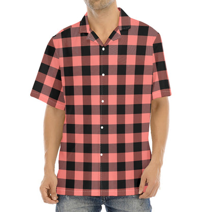 Coral Pink And Black Buffalo Check Print Aloha Shirt