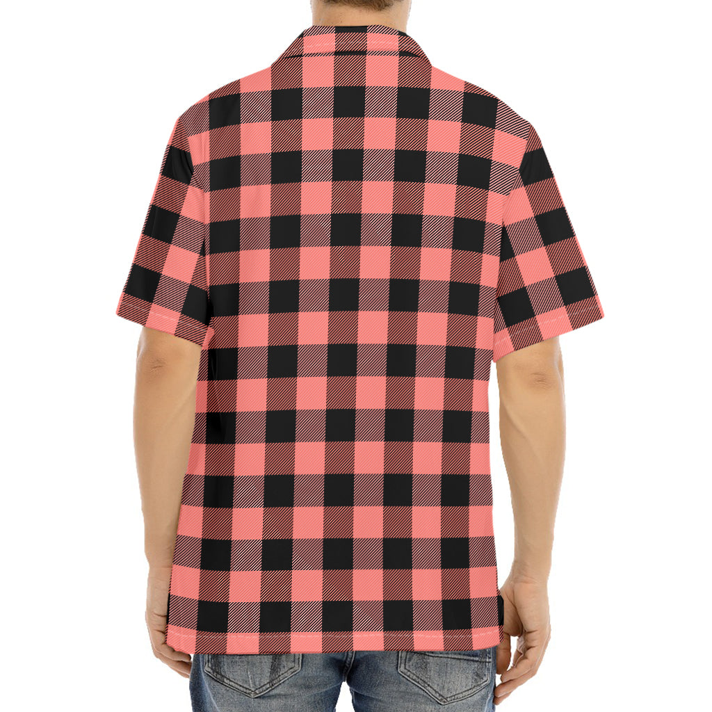 Coral Pink And Black Buffalo Check Print Aloha Shirt