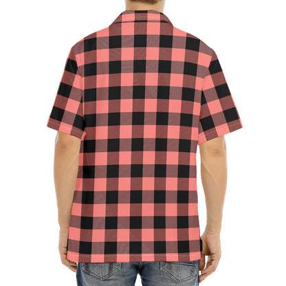 Coral Pink And Black Buffalo Check Print Aloha Shirt