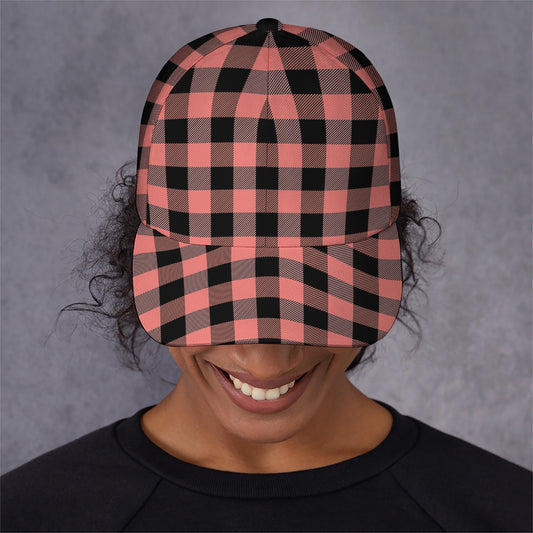Coral Pink And Black Buffalo Check Print Baseball Cap