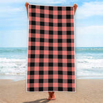 Coral Pink And Black Buffalo Check Print Beach Towel